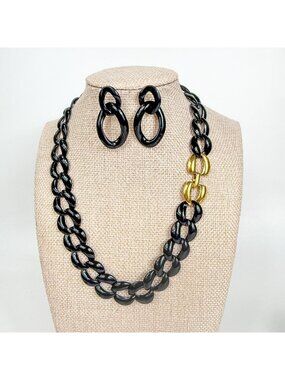Vintage Napier Gold Black Enamel Chunky Chain Necklace & Pierced Earrings Set